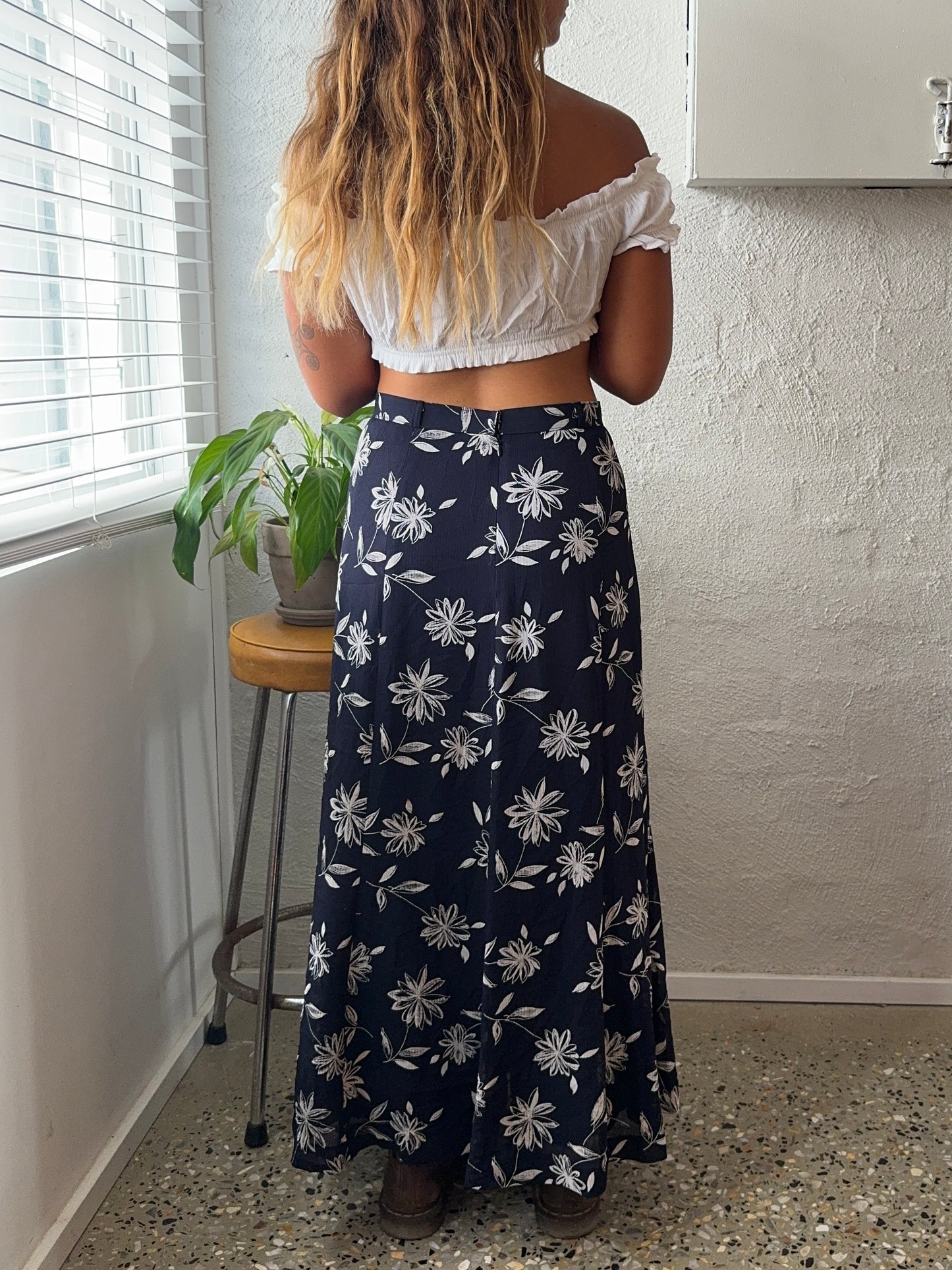 Vintage 90s Blue Floral Skirt