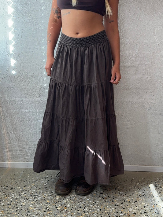 Brown Ruffle Maxi Skirt